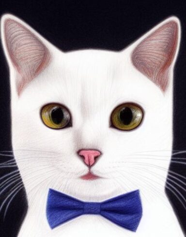 A crayon drawing of close up cat cat wearing a white small bow tie