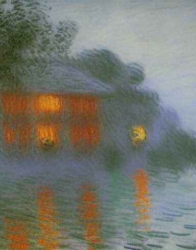 A dark painting of a building next to a body of water