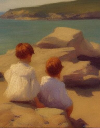 A dark painting of two children sitting on a rock by the ocean