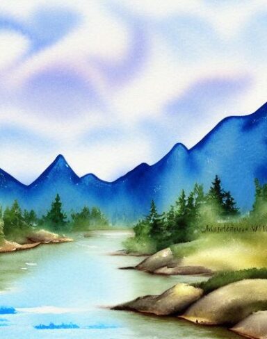 A detailed watercolor painting of a river with a mountain and rocks in the background with birds in the sky