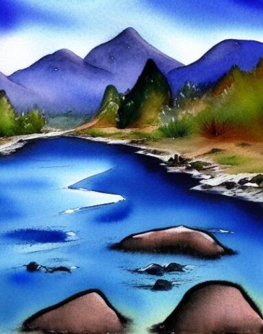A detailed watercolor painting of a river with a mountain and rocks in the background with birds in the sky at night time