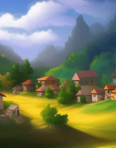 A digital art paint of a small village in the mountains