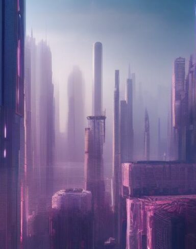 A digital city filled with lots of tall buildings and citizens