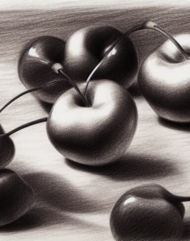 A drawing of a group of cherries on a table