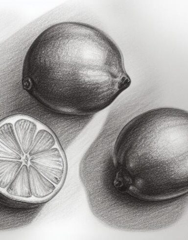 A drawing of a group of lemons on a table