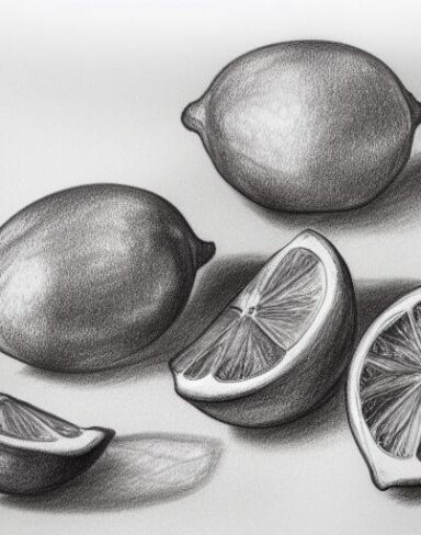 A drawing of a group of lemons on a table