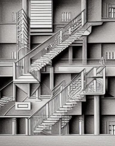 A drawing of a staircase like a maze in an architectural building