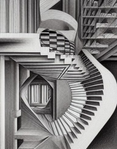 A drawing of a staircase like a maze in an architectural building