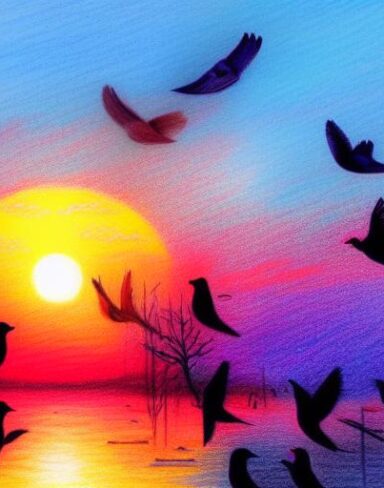 A drawing of a sunset with a some birds