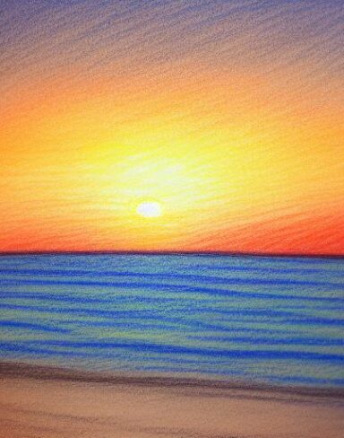 A drawing of a sunset with near to the coast
