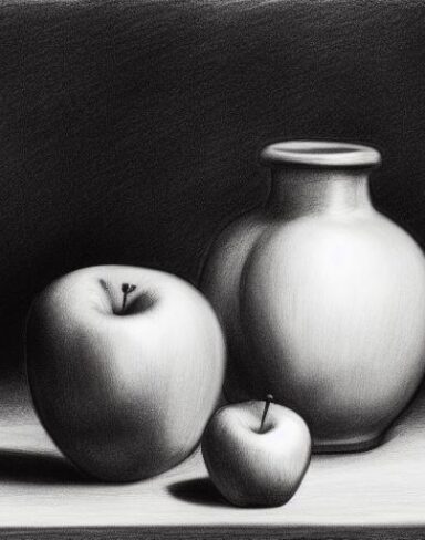 A drawing of a vase and apples on a table