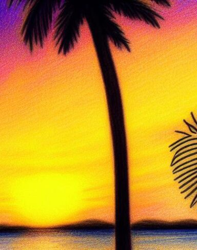 A drawing of a yellow sunset with a palm tree
