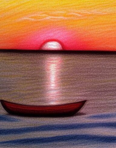 A drawing of a yellow sunset with a small boat