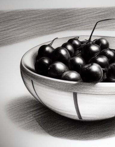 A drawing of fruit bowl on a table