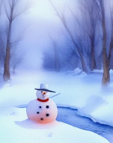 A ethereal watercolor painting of snow-covered trees and a stream and snowman