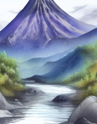 A fantasy detailed watercolor painting of a river with a volcano and rocks in the background