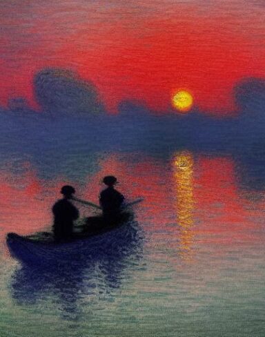 A fantasy painting of a boat and fisherman in a body of water at sunset
