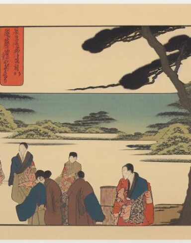 A group of people standing the rock next to river