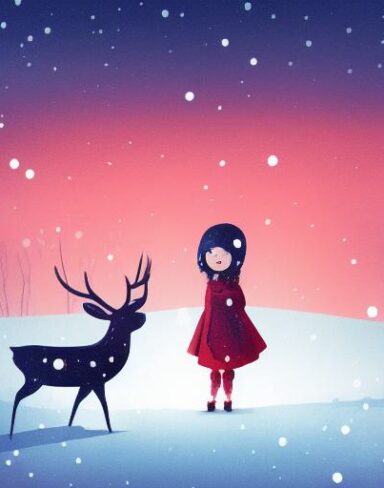 A happy little girl with red hood facing backward standing next to a deer in the snow at evening