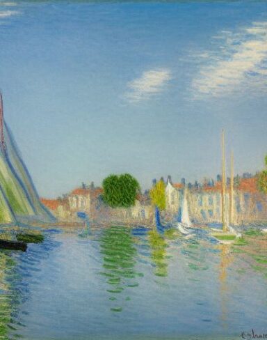 A joyful painting of a building next to a body of water