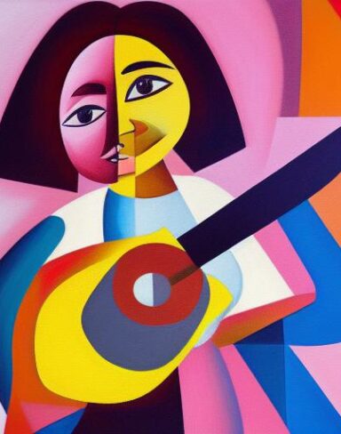 A joyful painting of a girl playing a guitar