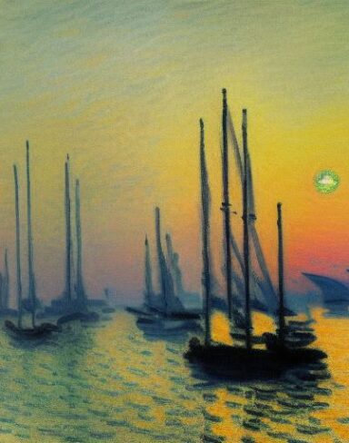 A joyful painting of several boats in a body of water at sunset