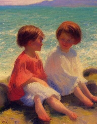 A joyful painting of two children sitting on a rock by the ocean