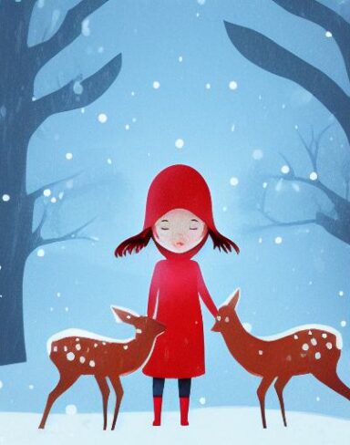 A little girl with red hood facing backward standing next to a deer in the snow at night