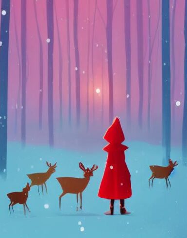 A little girl with red hood facing backward standing next to a deer in winter a storybook illustration inspired by Pascale Campion