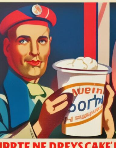 A man holding a cup of ice cream in front of cake