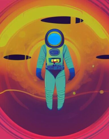 A man in a space suit with planets and smoke in the background
