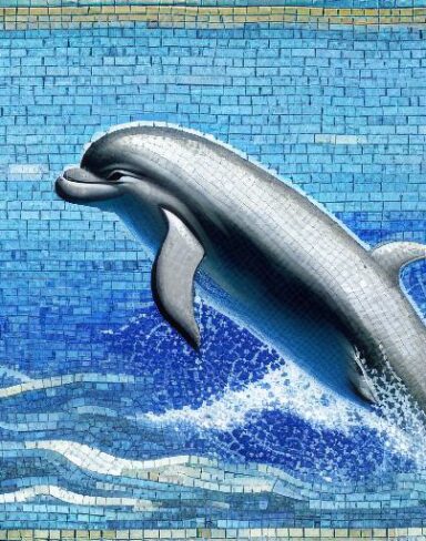 A mosaic of a dolphin swimming in the marine ocean inspired by Charles Ginner