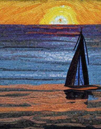 A mosaic of a sailboat on a body of water