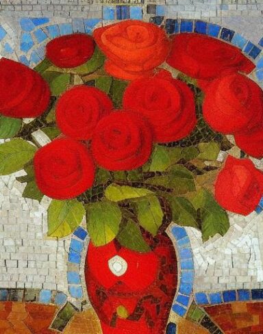 A mosaic of red roses in the vase