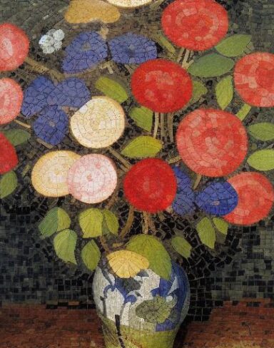 A mosaic of roses in a vase inspired by Mikhail Vrubel
