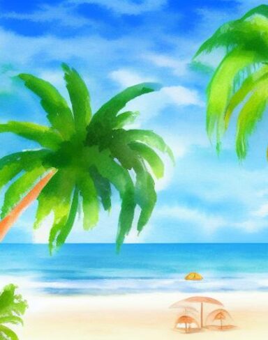 A painting of a beach scene with one palm tree