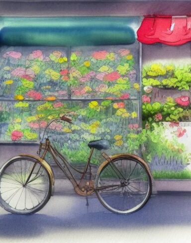 A painting of a bicycle placing near a flower shop