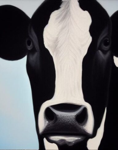 A painting of a black and white cow