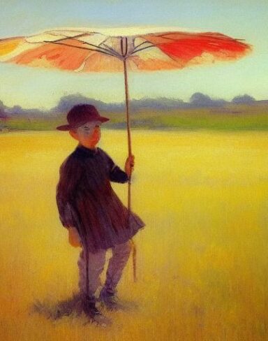 A painting of a boy in a field