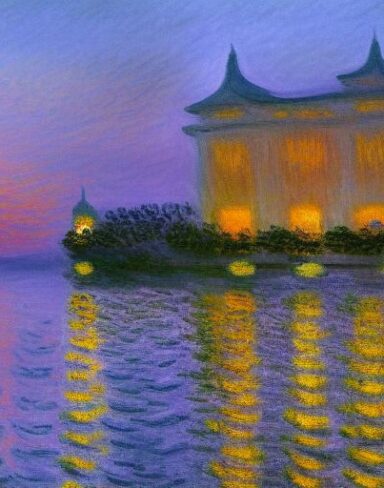 A painting of a building next to a body of water at sunset time