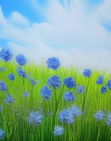 A painting of a bunch of blue flowers in a field