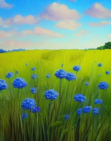 A painting of a bunch of blue flowers in a field with bright sky