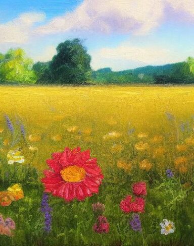 A painting of a bunch of flowers in a farmland