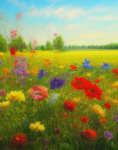 A painting of a bunch of flowers in a field