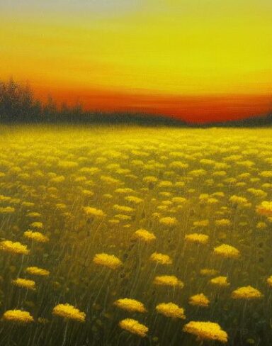 A painting of a bunch of yellow flowers in a field with sunset