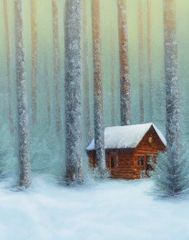A painting of a cabin in a snowy forest with trees