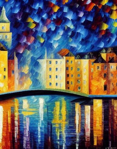 A painting of a city in the water