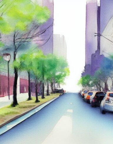 A painting of a city street with greenery