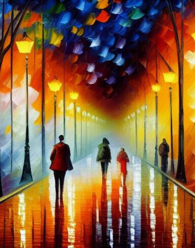 A painting of a city street with people walking at night