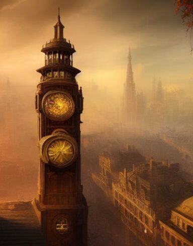 A painting of a city with a clock tower